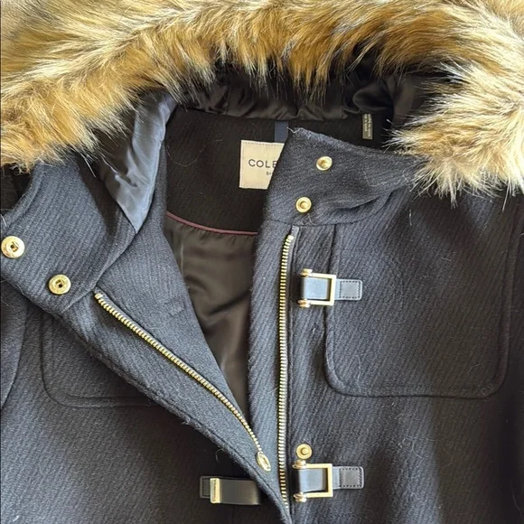 Cole Haan Black Pea Coat with Faux Fur Hood - Picture 3 of 9